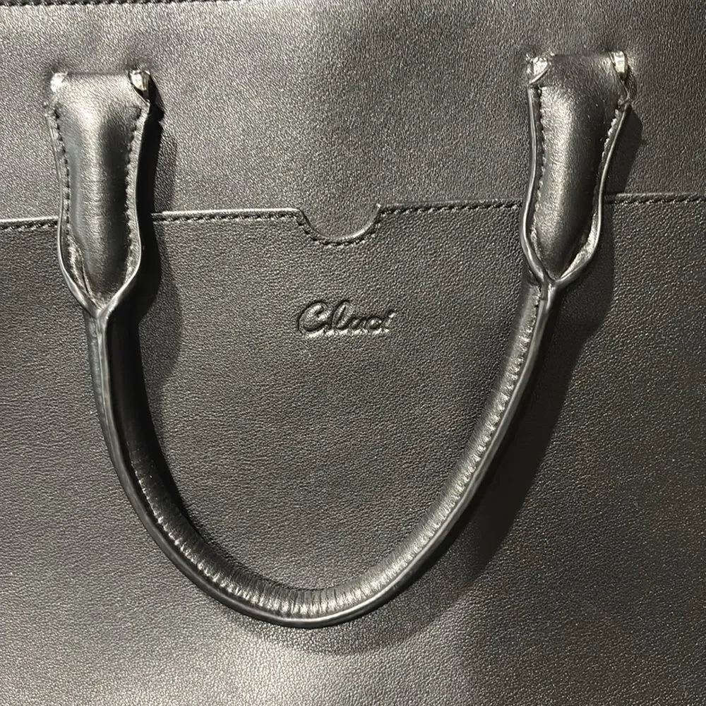 Claci Black Leather Accordion Color Side Tote Business Briefcase Bag